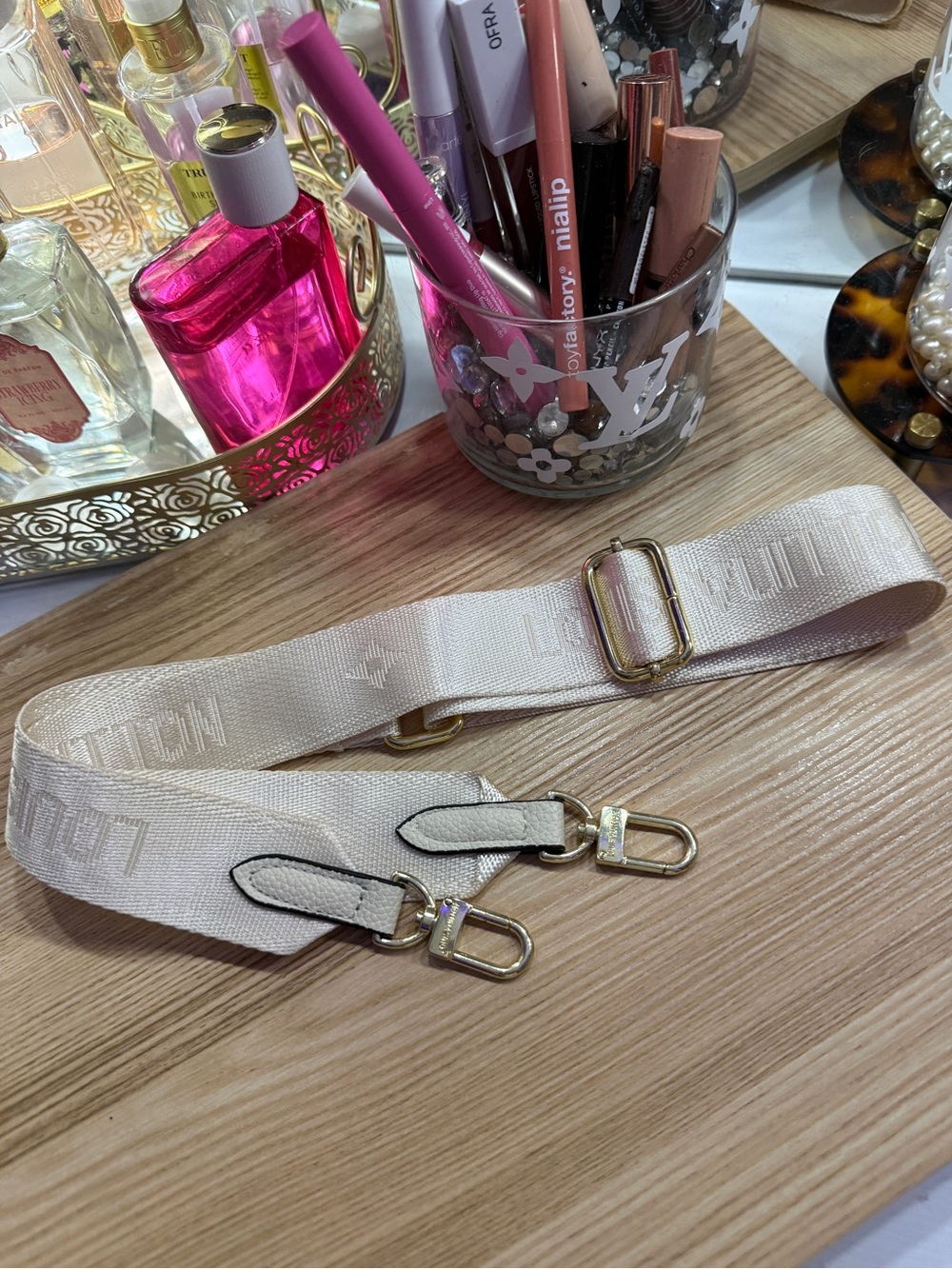 Light cream Adjustable cross body LV Bag Strap with Gold Hardware
